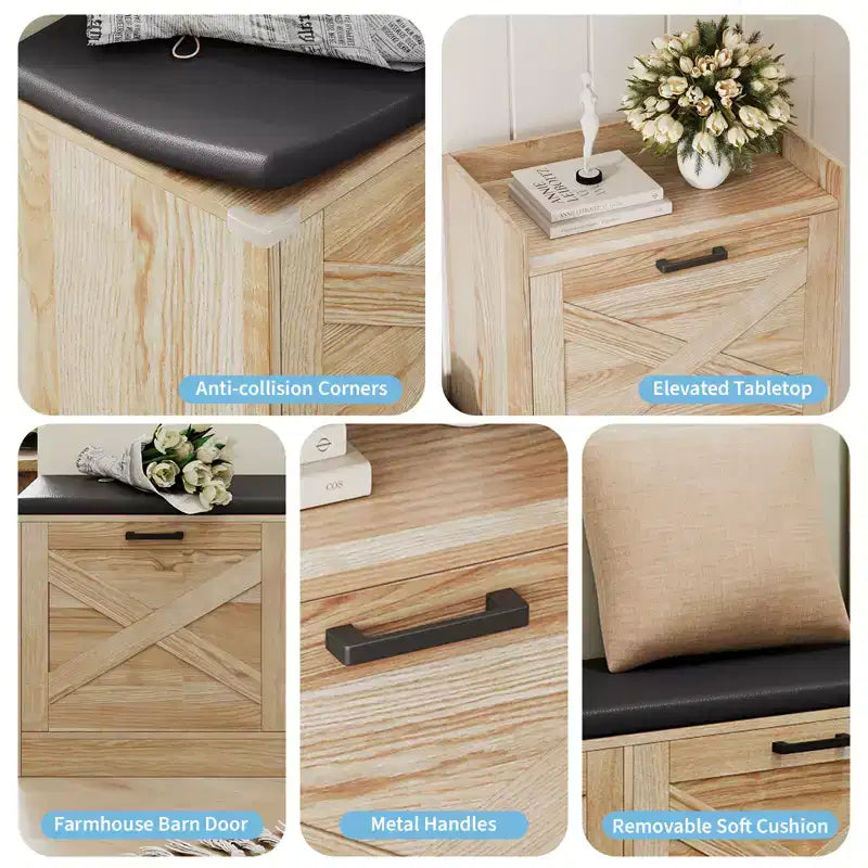 Banc avec 4 tiroirs rabattables et coussin d’assise rembourré, meuble à chaussures étroit en bois, idéal comme banc d’entrée pour le salon