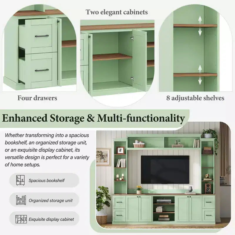 ModernLuxe 4-in-1-Farmhouse-Entertainment-Center als Wandeinheit, passend für Fernseher bis 70, TV-Ständer und Medienkonsole mit verstellbaren Regalen und Schubladen