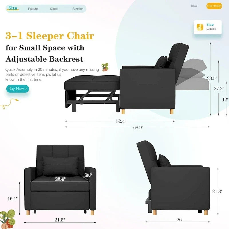 Fauteuil convertible 3-en-1 AECOJOY avec coussin et dossier réglable