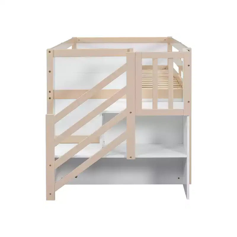 94,6L x 42,3B bed van massief hout in eenpersoonsformaat, laag hoogslaperbed met trap, lade en plank, modern en strak ontwerp