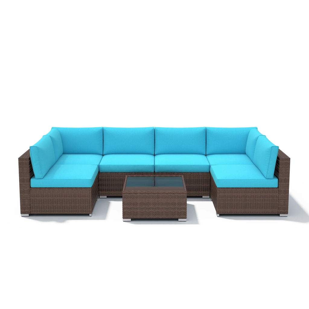 7-delige outdoor loungeset van vlechtwerk en staal met kussens