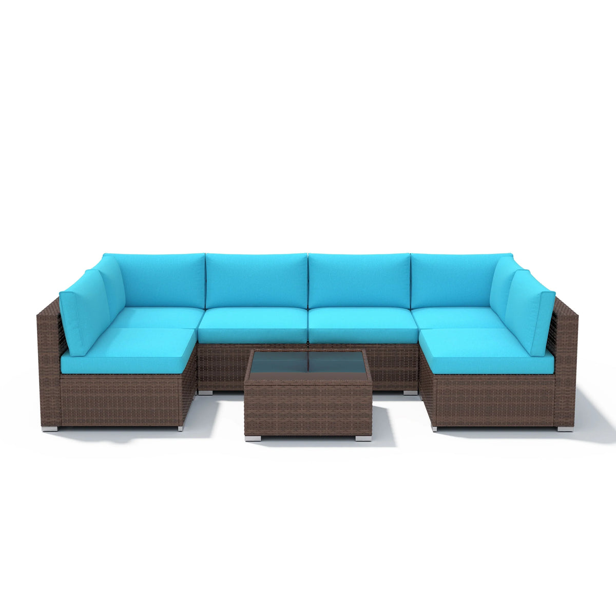 7-delige outdoor loungeset van vlechtwerk en staal met kussens
