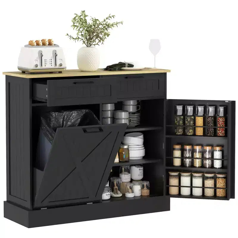 Meuble poubelle basculant HOMCOM avec tiroirs, meuble de cuisine style maison de campagne avec poubelle dissimulée pour la cuisine