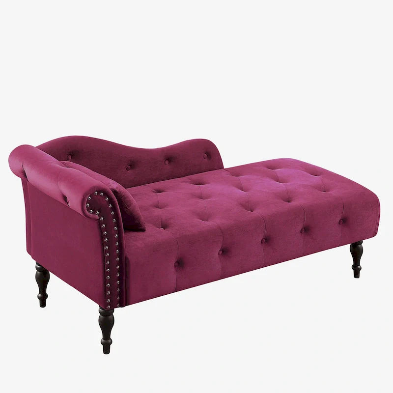 Chaise longue moderne de 60,6 po, revêtement en velours, boutons capitonnés, pieds en bois massif et clous décoratifs