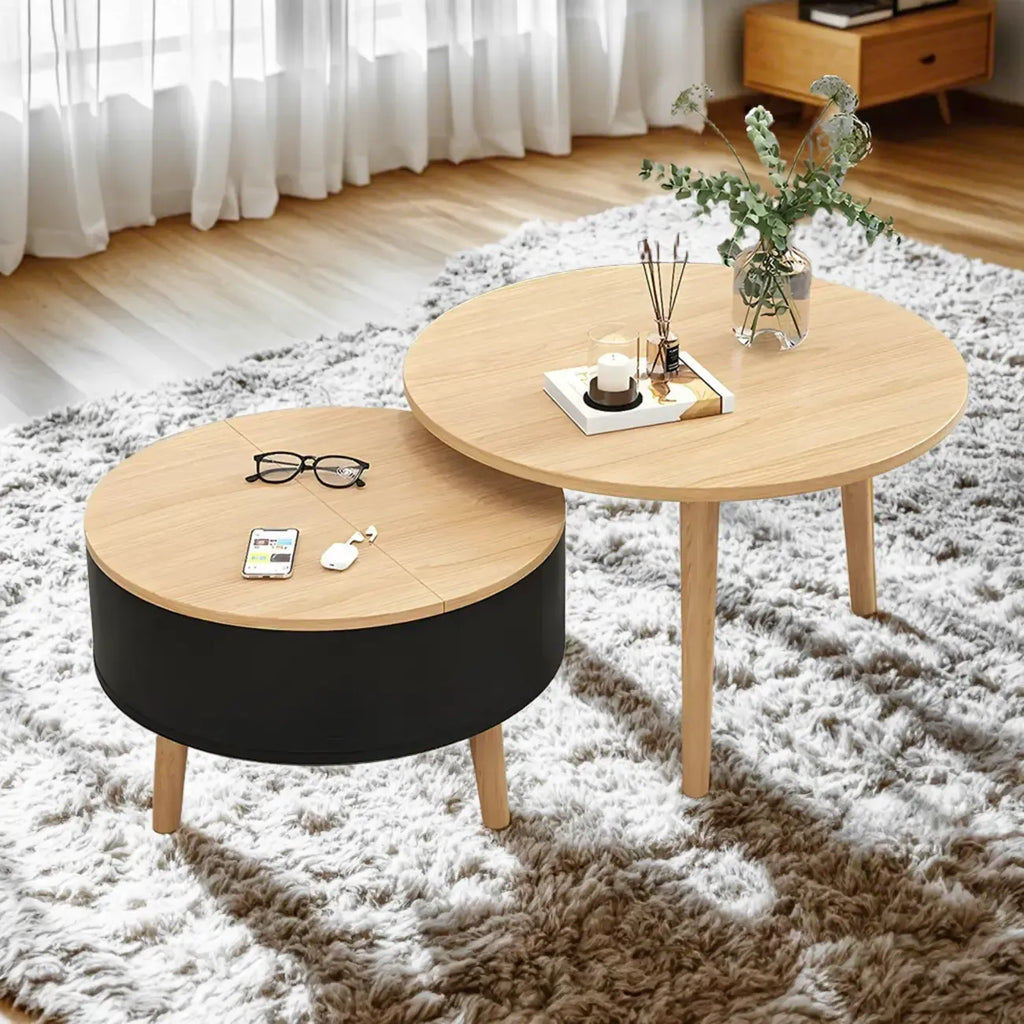 Moderne ronde houten salontafel in zwart en wit met opbergruimte