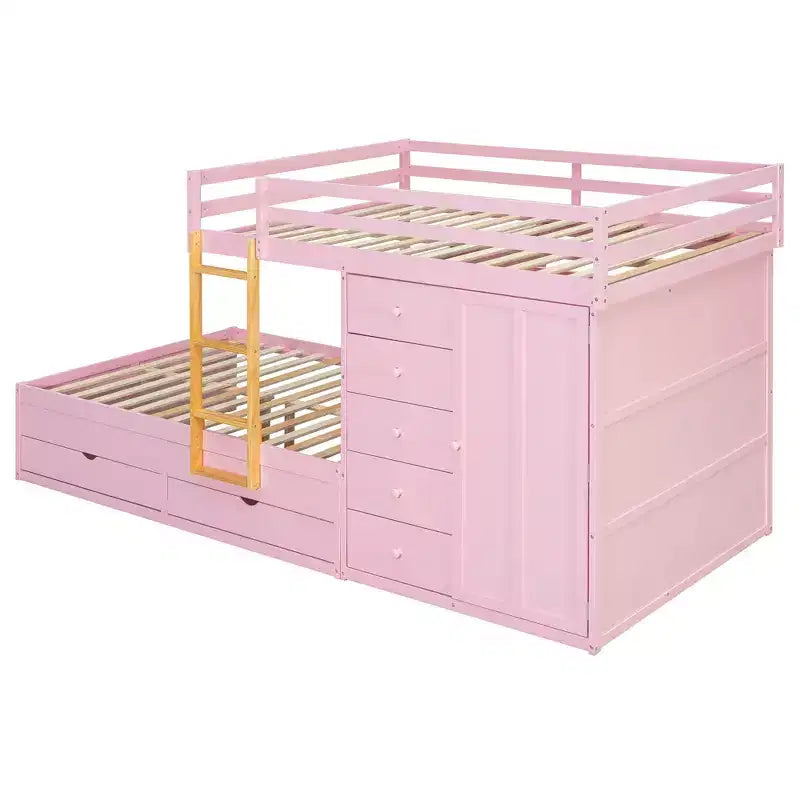 Stapelbed met twee volledige bedden, opbergkast en laden, houten ruimtebesparend stapelbed van volledig formaat met veiligheidshekje voor appartement of slaapkamer