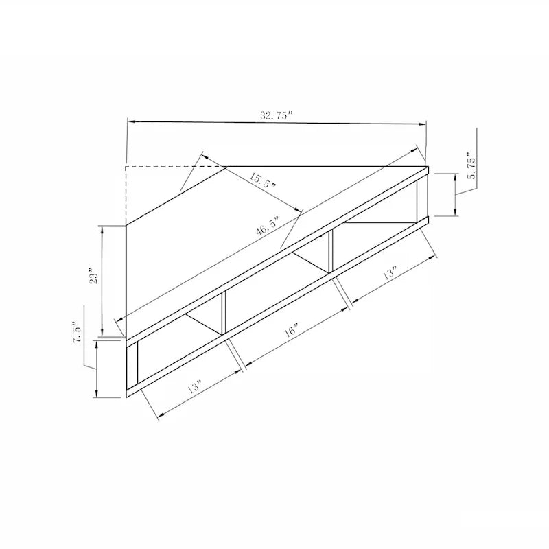 Meuble TV d’angle suspendu 47, 3 étagères, style transitionnel, fixation murale peu encombrante
