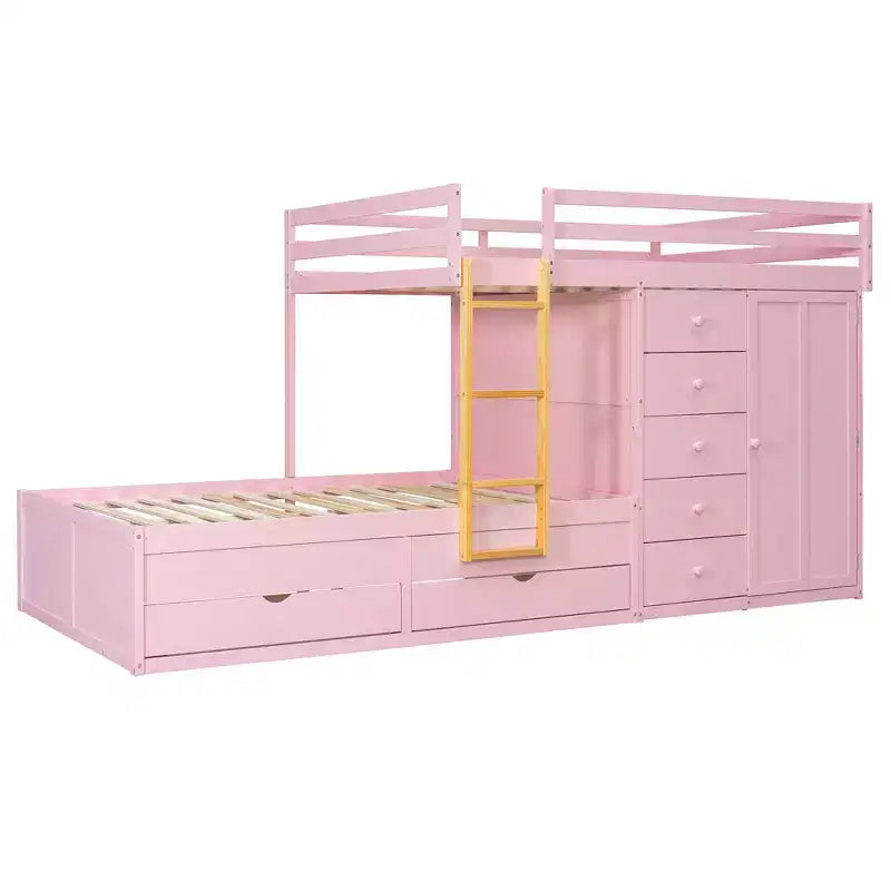 Stapelbed met twee volledige bedden, opbergkast en laden, houten ruimtebesparend stapelbed van volledig formaat met veiligheidshekje voor appartement of slaapkamer