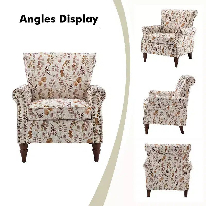 Sillón floral tradicional Araceli con estructura de madera, tapizado, respaldo alto con alas y acabado de tachuelas| ART OF LIVING DESIGNS