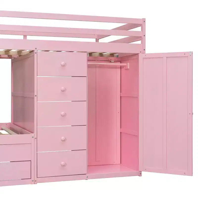 Stapelbed met twee volledige bedden, opbergkast en laden, houten ruimtebesparend stapelbed van volledig formaat met veiligheidshekje voor appartement of slaapkamer