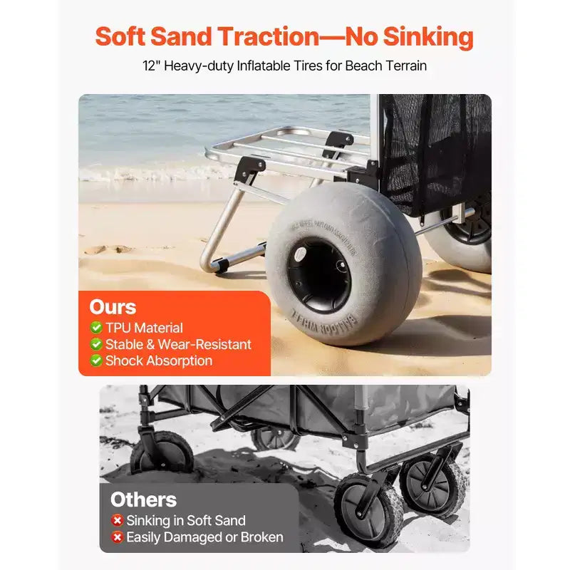 VEVOR Strandwagen mit großen Rädern für Sand, 20 x 15 Zoll Ladefläche, faltbarer Sandwagen mit 12 Ballonrädern, Tragfähigkeit 165 lbs, Silber + Schwarz