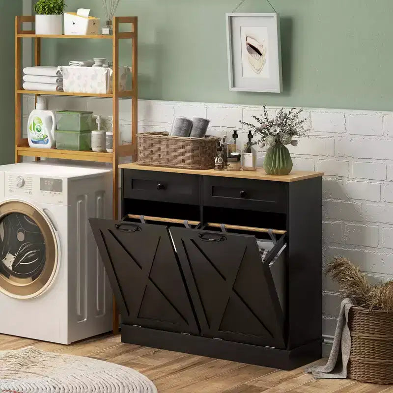 Meuble cache-panier à linge basculant HOMCOM, meuble de rangement de salle de bains avec 2 paniers amovibles et 2 tiroirs