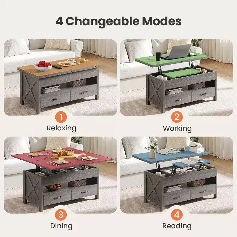 Mesa de centro elevable con espacio de almacenamiento, mesa de centro de estilo rústico, mesa de centro con dos cajones para el salón y la oficina en casa