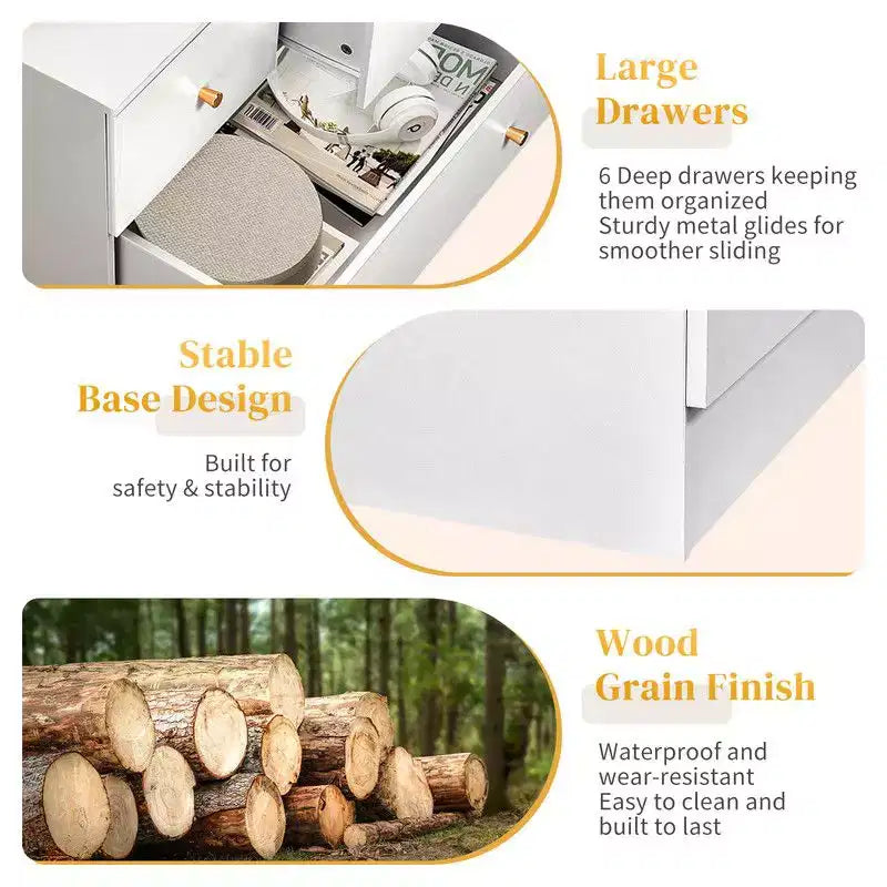 Cómoda grande Karl Home de 6 cajones para dormitorio y cajonera con construcción resistente, organizador de almacenamiento de madera para armario, blanca