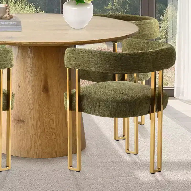 Uitbreidbare ronde tot ovale eettafelset met 4 fluwelen fauteuils, modern voetstukontwerp, geschikt voor maximaal 8 personen-Panipeachy