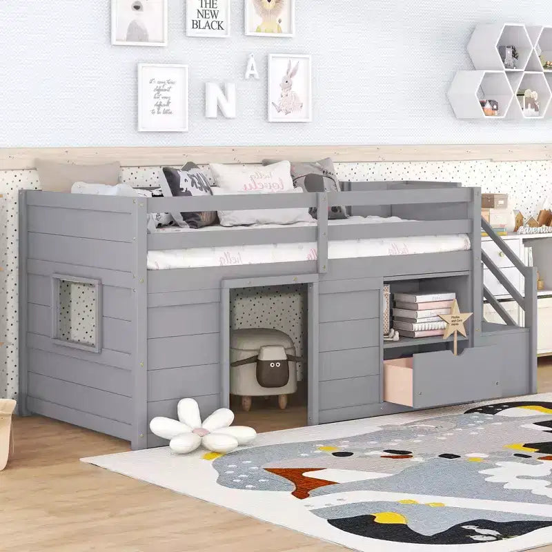 Lit mezzanine simple Okak en bois massif avec escalier et rangement, lit superposé simple bas avec tiroirs et étagères, lit mezzanine multifonctionnel pour enfants et adolescents