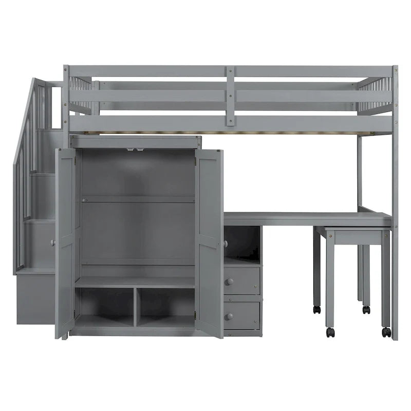 Lit mezzanine deux places avec escalier, bibliothèque, bureau et armoire – meuble multifonction gain de place pour enfants et adolescents – blanc