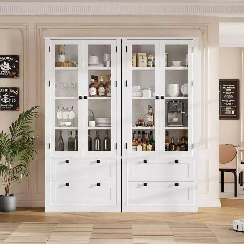 Armoire de rangement de cuisine style champêtre avec portes vitrées, meuble de rangement de 72 pouces avec tiroirs et étagères réglables pour la salle à manger, la salle de bains ou le salon