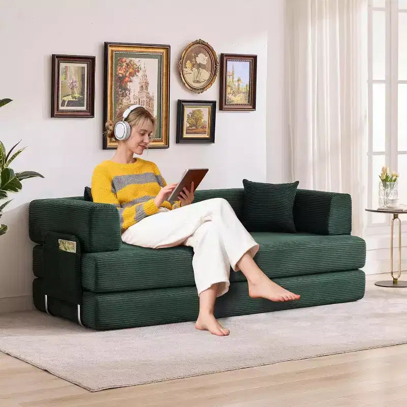Cord-Sofabett mit Kissen, umklappbaren Armlehnen und Rückenlehne, geeignet für Wohnzimmer, Schlafzimmer und Wohnungen.