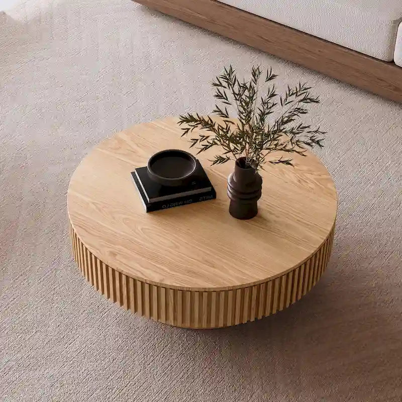 Table basse ronde moderne en bois massif plaqué avec rangement