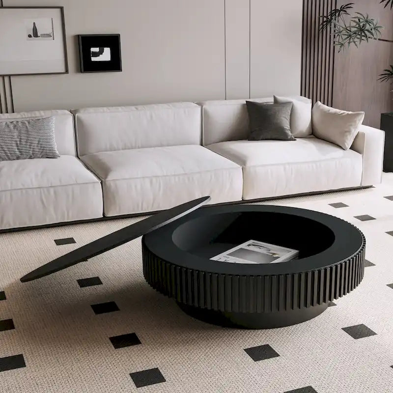 Table basse ronde moderne en bois massif plaqué avec rangement