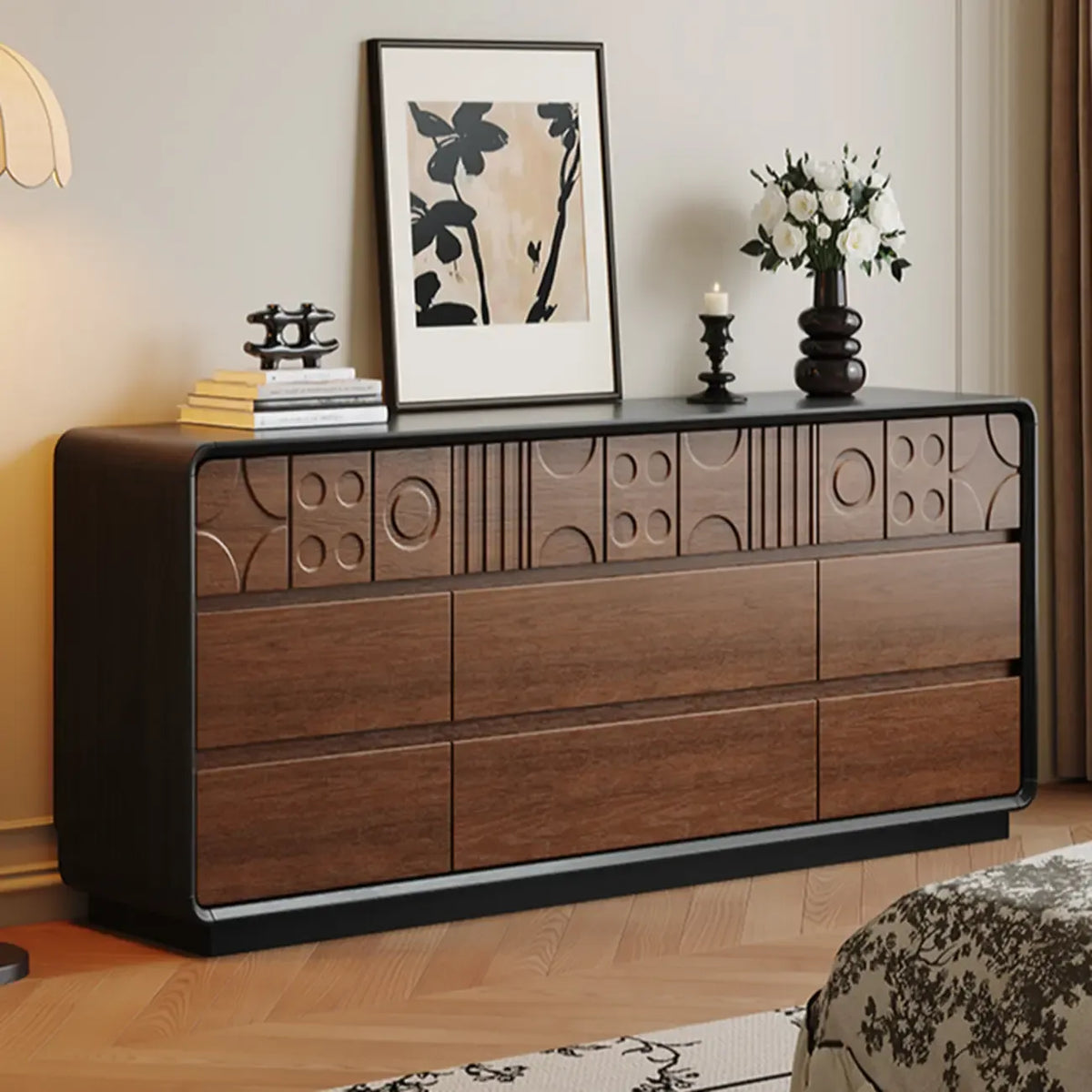Art Deco Inspired Wood Dresser with Geometric Carvings