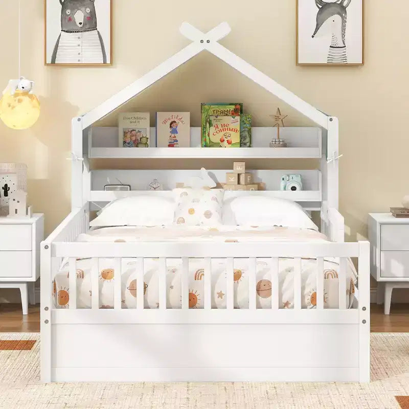 ModernLuxe Holzhausbett in Twin/Full-Größe mit Kopfteil und Stauraum, Kinderbettgestell aus massivem Kiefernholz mit Rausfallschutz