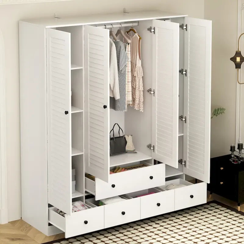 Armoire-penderie blanche de 59 po de large, grande armoire autoportante
