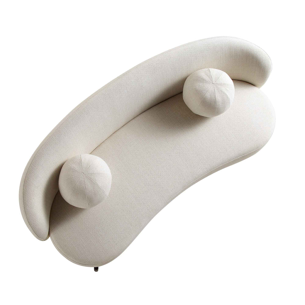 Gebogenes 3-Sitzer-Sofa mit Kugelkissen, beige Leinenmischung