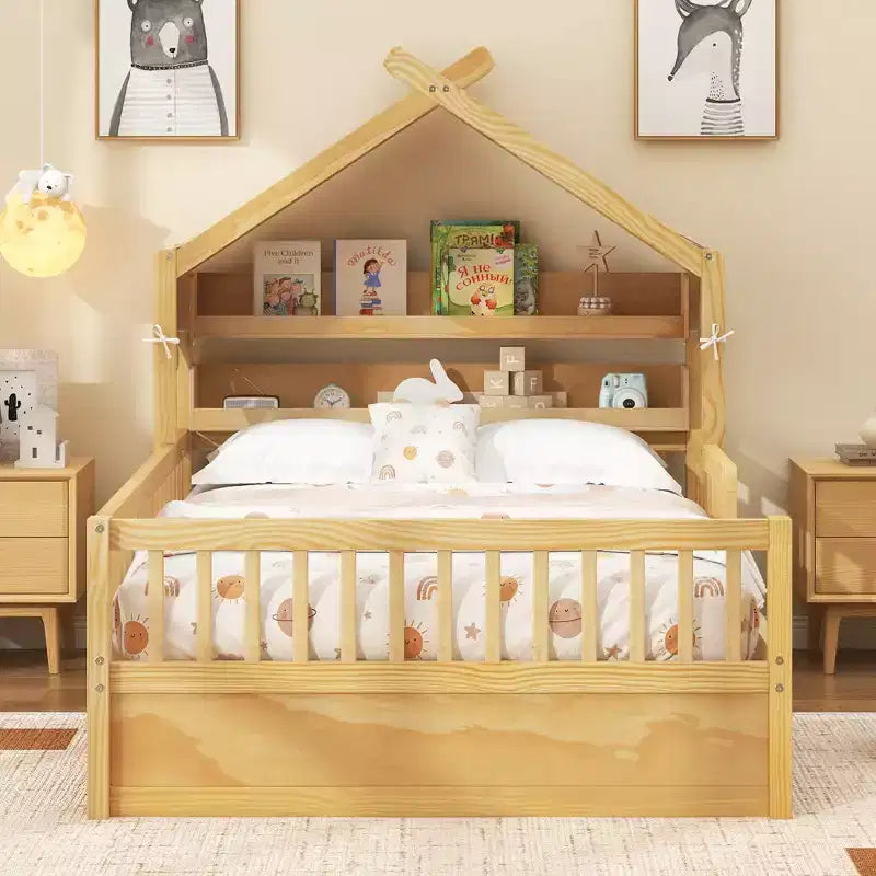 ModernLuxe Holzhausbett in Twin/Full-Größe mit Kopfteil und Stauraum, Kinderbettgestell aus massivem Kiefernholz mit Rausfallschutz