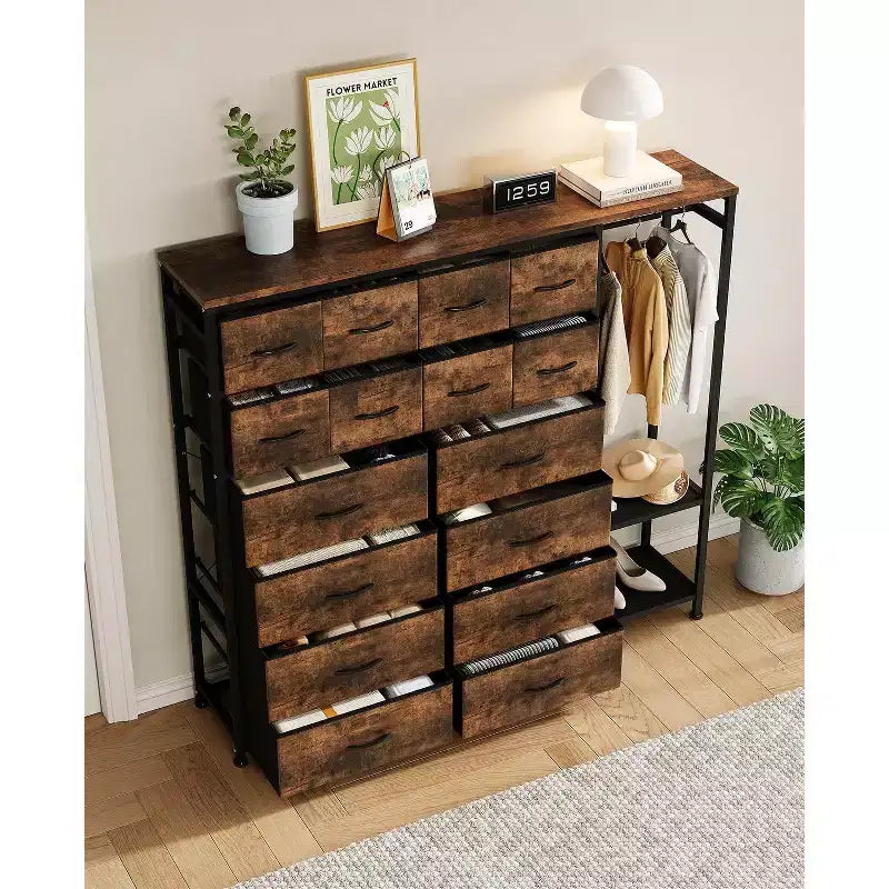 Commode avec 16 tiroirs, tringle et étagères, organisateur de rangement en tissu pour chambre, dressing ou entrée