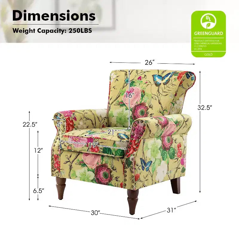 Sillón floral tradicional Araceli con estructura de madera, tapizado, respaldo alto con alas y acabado de tachuelas| ART OF LIVING DESIGNS