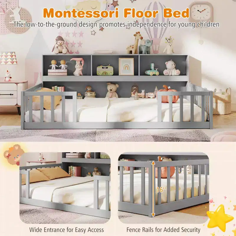 Łóżko podłogowe Montessori w rozmiarze Twin/Full z półkami na książki i miejsce do przechowywania oraz barierkami ochronnymi, białe/szare