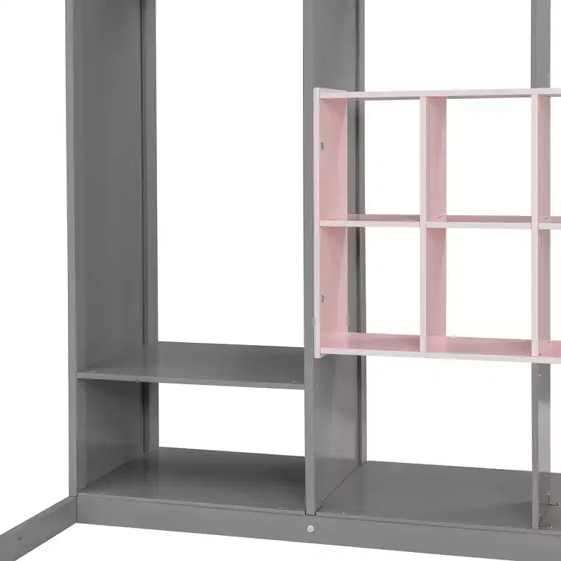 Kinderhoogslaper met kledingkast en planken, houten hoogslaperframe met opbergkast voor kinderen en tieners