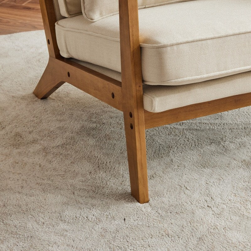Fauteuil d'appoint rembourré en mélange de lin avec pieds en bois et un coussin, beige