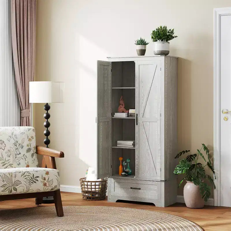 Wysoka szafka spiżarniana HOMCOM 72 w stylu farmhouse z drzwiami stodołowymi, regulowanymi półkami i szufladą