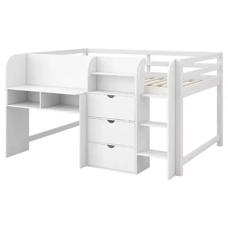 Niedriges Hochbett in Pink/Weiß mit Schreibtisch, Stauraum und Whiteboard - C Twin, 1 Person