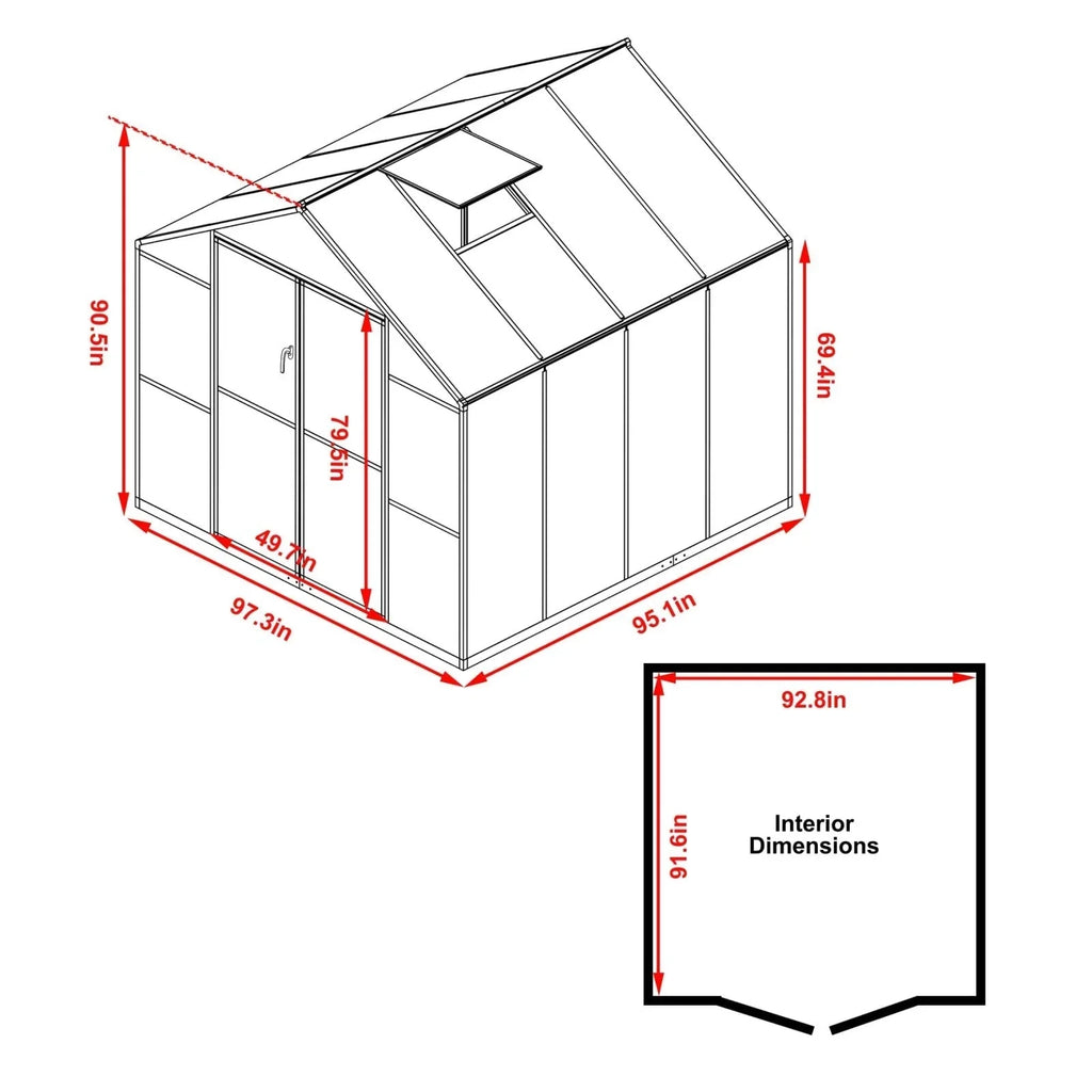 VEIKOUS begehbares Gewächshaus-Set aus Aluminium mit verstellbarem Dachfenster und abschließbarer Tür, grau
