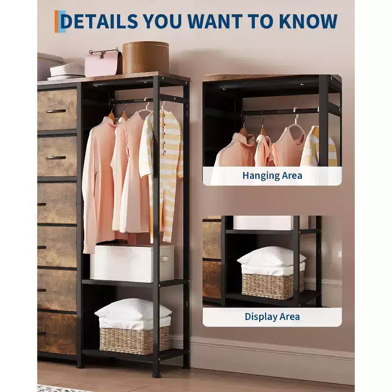 Commode avec 16 tiroirs, tringle et étagères, organisateur de rangement en tissu pour chambre, dressing ou entrée