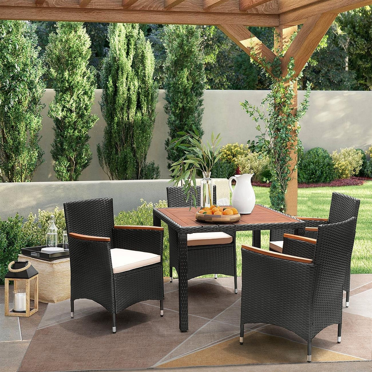 Lacoo Garten-Essgruppe aus PE-Korbgeflecht und Akazienholz für die Terrasse
