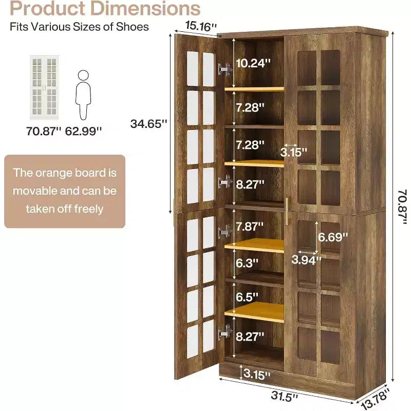 Lantine hoge schoenenkast met deuren, schoenenopbergruimte met 8 niveaus en verstelbare planken, moderne schoenenkast voor hal, garderobe of woonkamer, wit