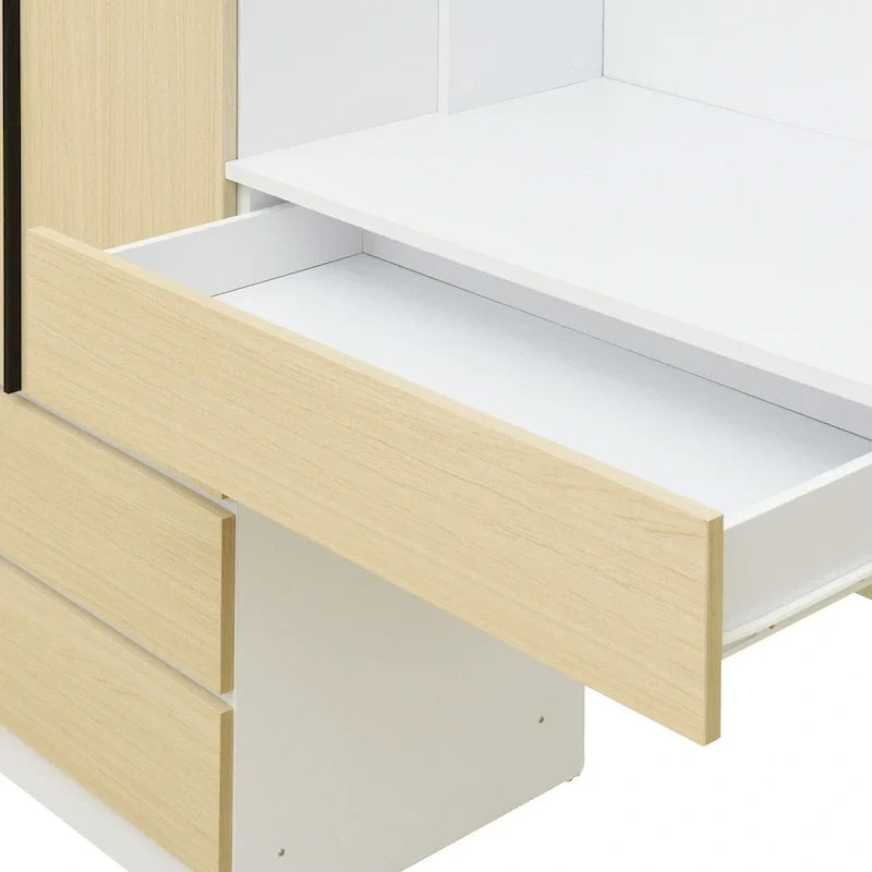 3-in-1-kledingkast met kaptafel, bureauset, slaapkamerkast met 2 laden, 3 deuren en opbergruimte