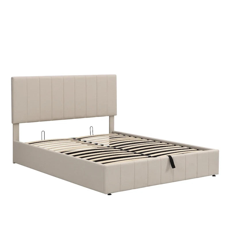 Gestoffeerd platformbed in queen-size met hydraulisch opbergsysteem - beige