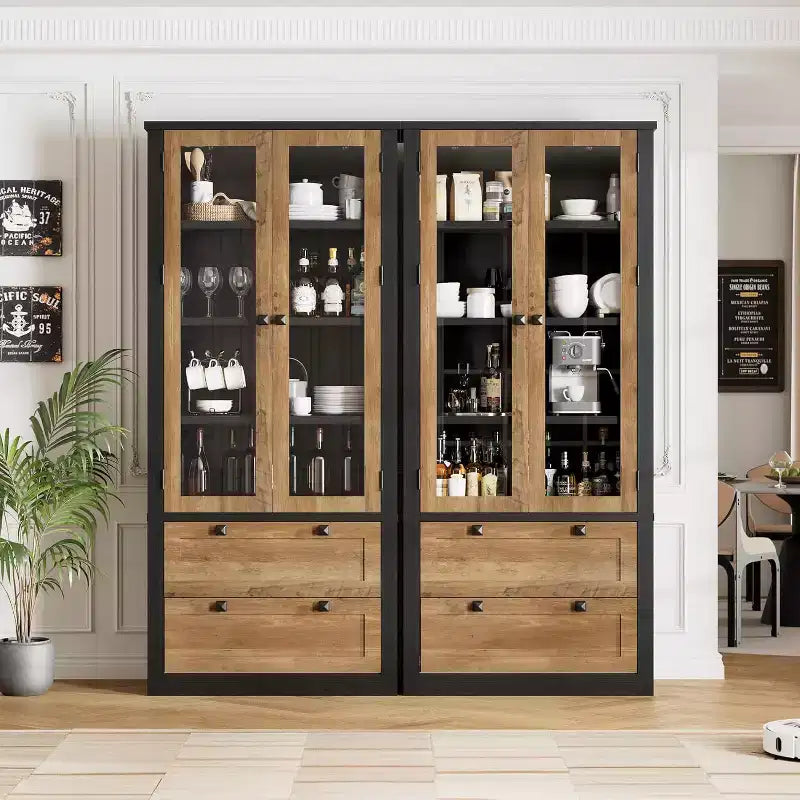 Armoire de rangement de cuisine style champêtre avec portes vitrées, meuble de rangement de 72 pouces avec tiroirs et étagères réglables pour la salle à manger, la salle de bains ou le salon