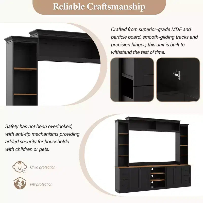 ModernLuxe 4-in-1-Farmhouse-Entertainment-Center als Wandeinheit, passend für Fernseher bis 70, TV-Ständer und Medienkonsole mit verstellbaren Regalen und Schubladen