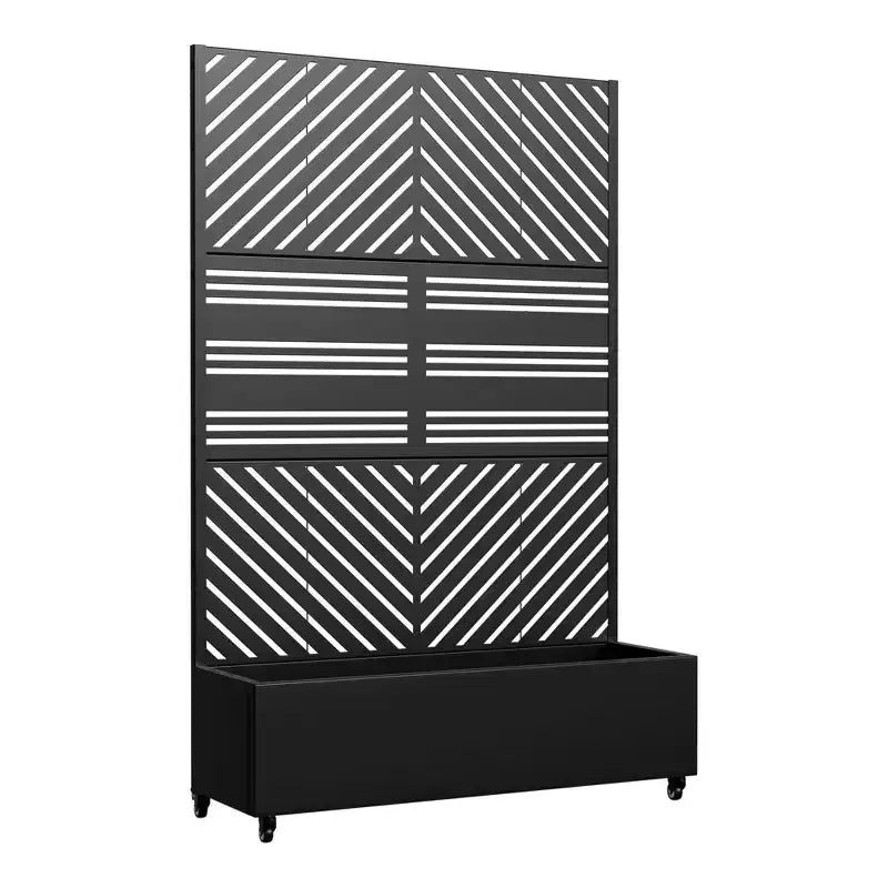 Jardinière MAYEERTY avec treillis, fer noir, lignes parallèles 01, style classique à persiennes combiné, 72x47x16 po, ensemble de 3 pièces