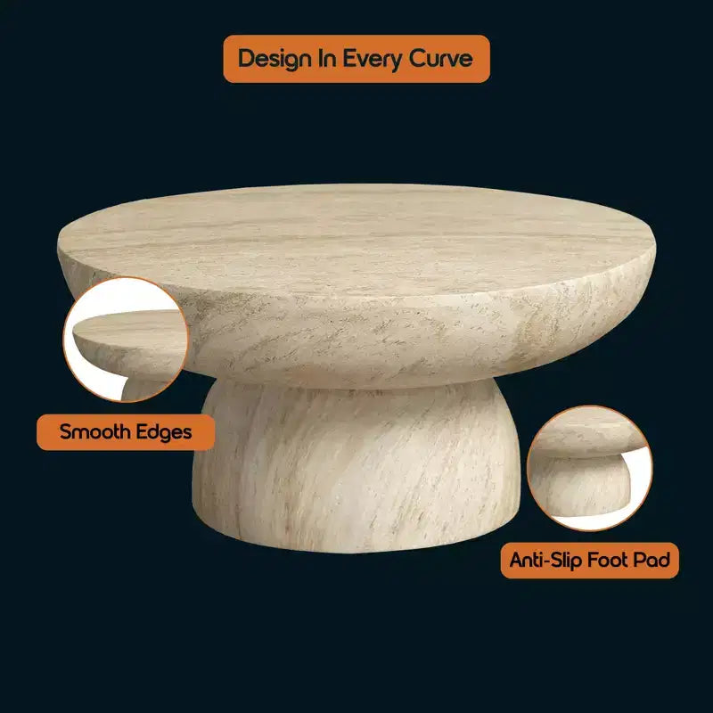 LeisureMod Lunexa runder Couchtisch, Fiberstone-Säulentisch als Akzenttisch für den Innen- und Außenbereich, skulpturales Design mit rutschfesten Fußpads