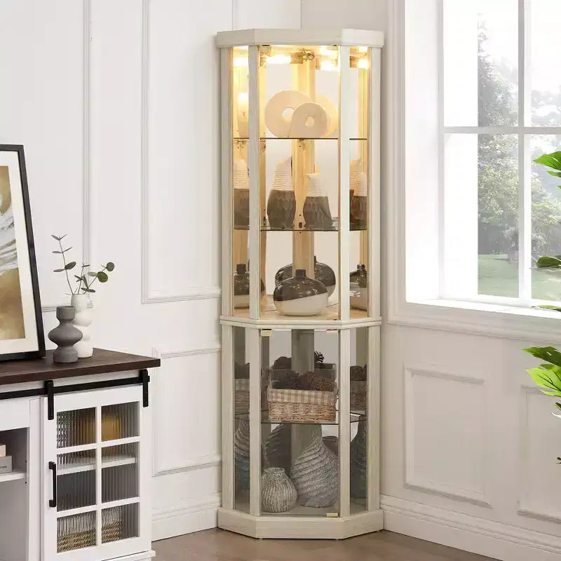 Eck-Vitrinenschrank mit Glastüren und Einlegeböden, Eckvitrine für das Wohnzimmer
