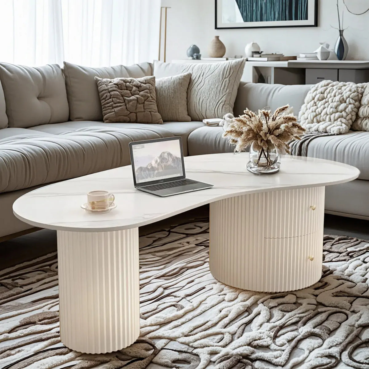 Table basse ovale blanche standard minimaliste avec 2 tiroirs