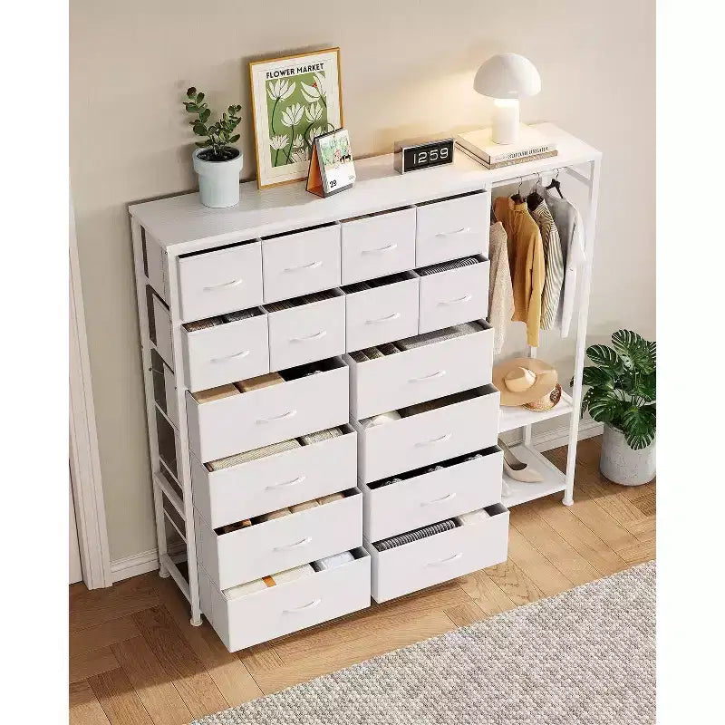 Commode avec 16 tiroirs, tringle et étagères, organisateur de rangement en tissu pour chambre, dressing ou entrée